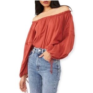 Free‎ People Sundown Balloon Sleeve Bodysuit XS Red Rust Off Shoulder Blouse